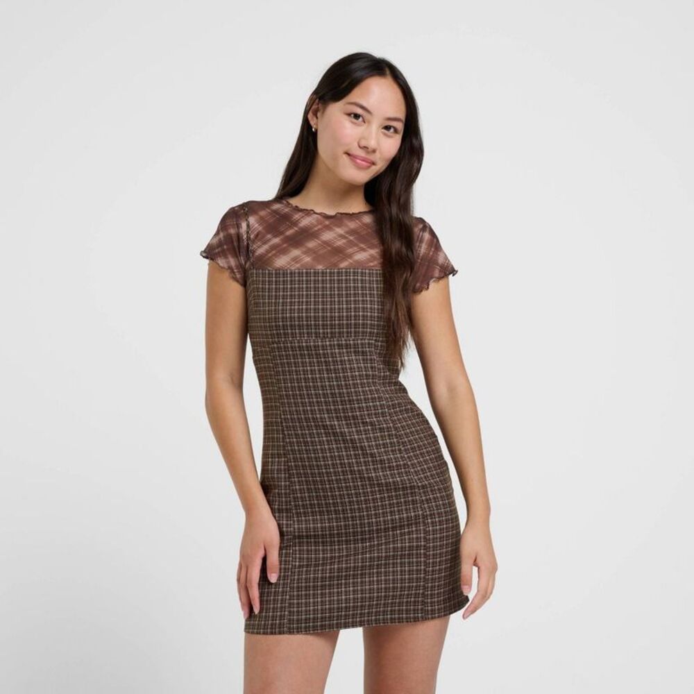 Women's Mini A-Line Dress - Brown Plaid L